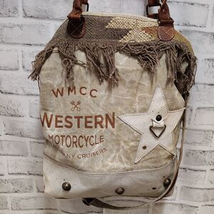 Brown and Tan Backpack with Leather Straps and Distressed Design